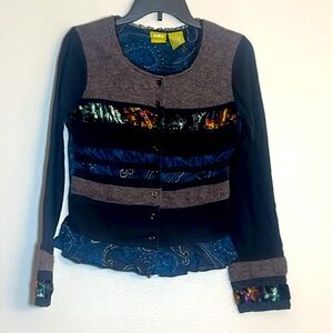 Acorn Wool Velvet Patchwork Button Front Mixed Media Sweater Cardigan Small